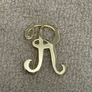 R is for Radiant! Vintage Initial Brooch Shiny Gold Tone Metal